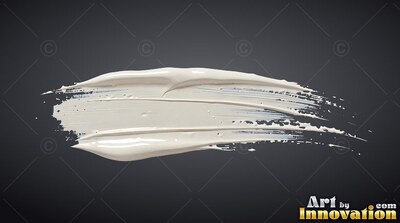 Sweeping over a dark background, a heavy white paint stroke shows ridges and texture