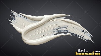 Heavy white paint sweeps along a dark background, reflecting glossy highlights