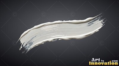On a plain dark gray background, a single curved streak of wide white paint sweeps across