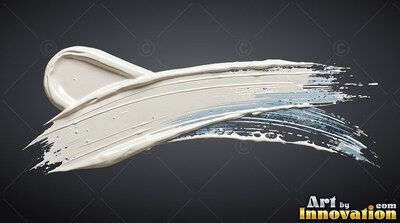 Sweeping across a dark background, thick white paint layers over bluish silver strokes