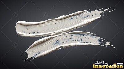 Two thick white paint strokes sweep across dark gray, showing thin blue scratches inside