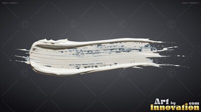 A thick stroke of off-white paint sweeps over a plain dark gray background