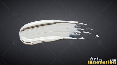 On a dark gray background, a thick smear of white cream paint sweeps sideways