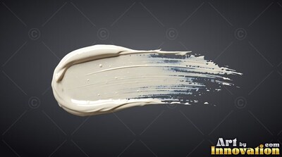 A thick smear of creamy white paint spreads across a plain slate gray background