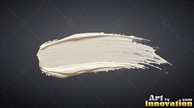 Against a dark gray background, a thick stroke of cream paint sweeps to the right