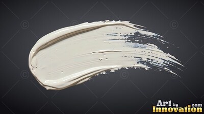 A thick white paint stroke sweeps across black with glossy ridges along the surface