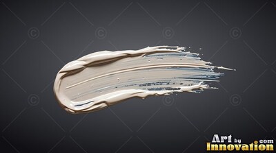 Curving across a deep gray space, a thick stroke of cream-colored paint sweeps right