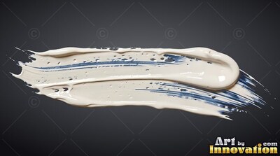 Against a dark gray surface, a wide white paint smear curves with blue streaks