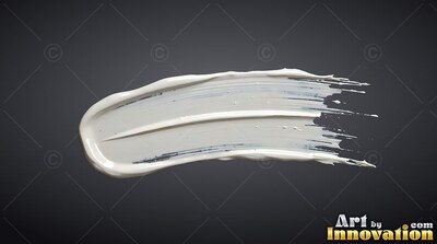 Curving horizontally, a thick streak of glossy white paint sweeps over dark gray