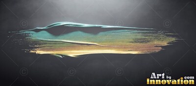 Teal and gold paint stroke along a dark background