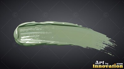 Glossy ridges on a thick stroke of sage green paint set against a deep gray background