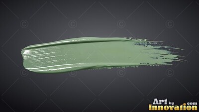 A sage green paint stroke spreads through a dark gray background with glossy highlights