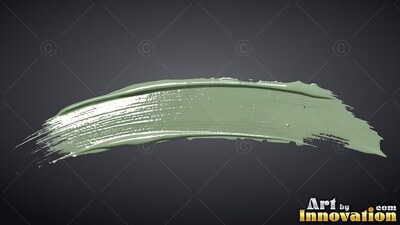 A single curved stroke of thick sage green paint across a plain dark gray background