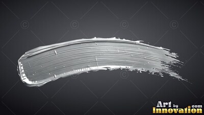 Sweeping horizontally, a thick brushstroke of silver paint sits on a black backdrop