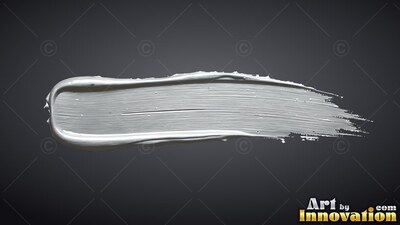 A wide white paint stroke sweeps horizontally, catching soft light on its silver ridges