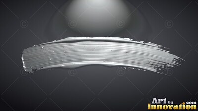 A wide stroke of thick bright silver paint curves horizontally through a dark gray backdrop