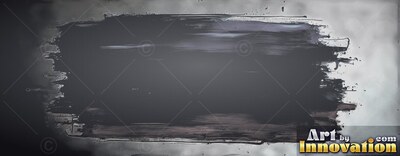 On a pale silver background, a wide black paint stroke stretches across the center