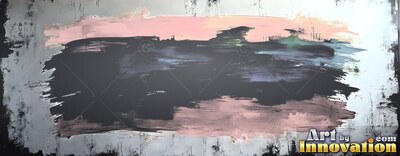 Sweeping across the center, dark charcoal paint layers over soft pink on a light background