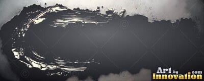A thick swirl of glossy charcoal paint with white highlights on a gray backdrop