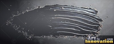 A wide streak of shiny silver paint with ridges and drops on a dark surface