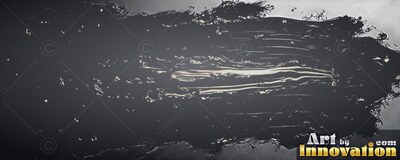 Across a dark surface, a wide smear of glossy black and shining silver paint stretches