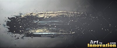 Thick shining silver paint with tiny scattered droplets sweeps across a dark gray surface