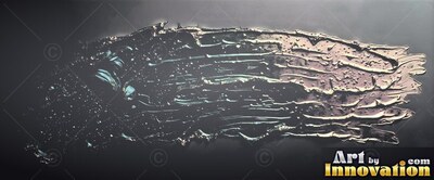 Stretched sideways across dark space, thick glossy silver paint scrapes over black