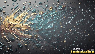 Thick splashes of gold and dark teal paint spread across a black surface