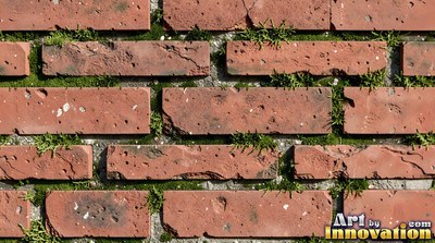 Weathered red brick wall with chipped corners and crumbling mortar, shot flat and evenly lit