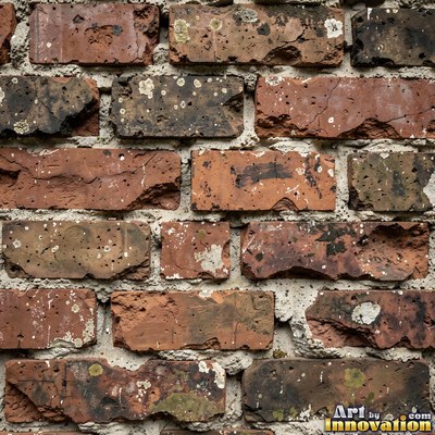 Weathered red brick wall with chipped corners and crumbling mortar, shot flat and evenly lit