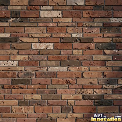 Weathered red brick wall with chipped corners and crumbling mortar, shot flat and evenly lit