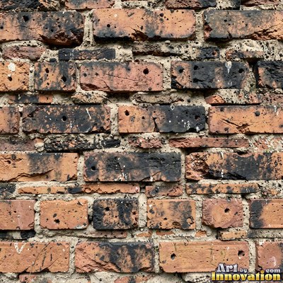 Weathered red brick wall with chipped corners and crumbling mortar, shot flat and evenly lit