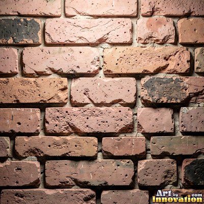 Weathered red brick wall with chipped corners and crumbling mortar, shot flat and evenly lit