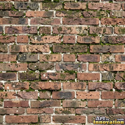 Weathered red brick wall with chipped corners and crumbling mortar, shot flat and evenly lit