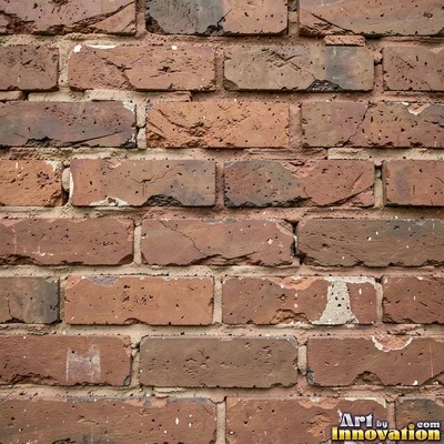 Weathered red brick wall with chipped corners and crumbling mortar, shot flat and evenly lit