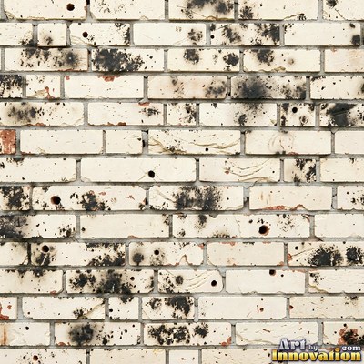 Weathered red brick wall with chipped corners and crumbling mortar, shot flat and evenly lit