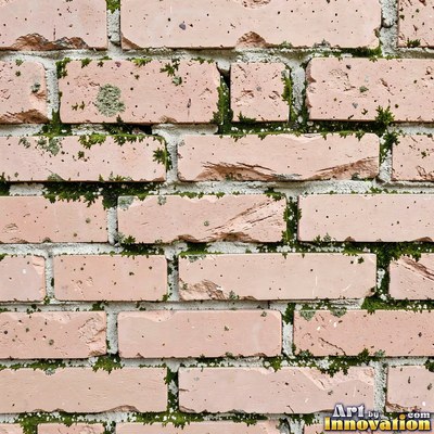 Salmon pink brick laid in a neat stack bond grid, soft even light across the wall