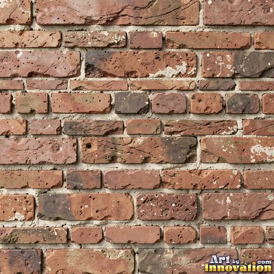 Weathered red brick wall with chipped corners and crumbling mortar, shot flat and evenly lit
