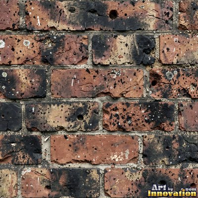 Weathered red brick wall with chipped corners and crumbling mortar, shot flat and evenly lit