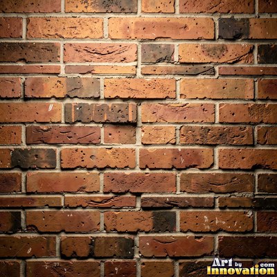 Weathered red brick wall with chipped corners and crumbling mortar, shot flat and evenly lit