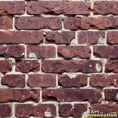 Weathered red brick wall with chipped corners and crumbling mortar, shot flat and evenly lit