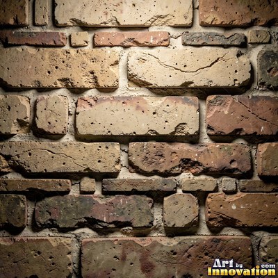Weathered red brick wall with chipped corners and crumbling mortar, shot flat and evenly lit