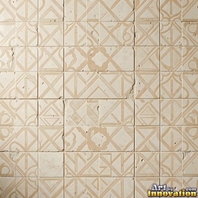 Old chipped yellow tiles with darkened grout lines filling the frame