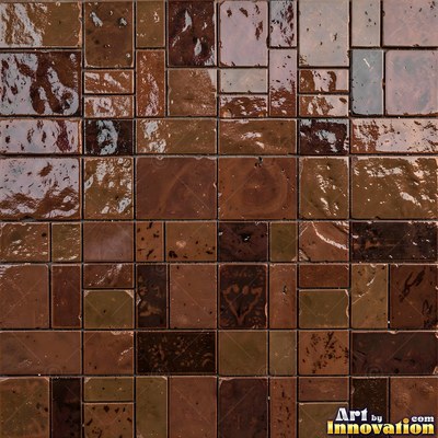 Old chipped yellow tiles with darkened grout lines filling the frame