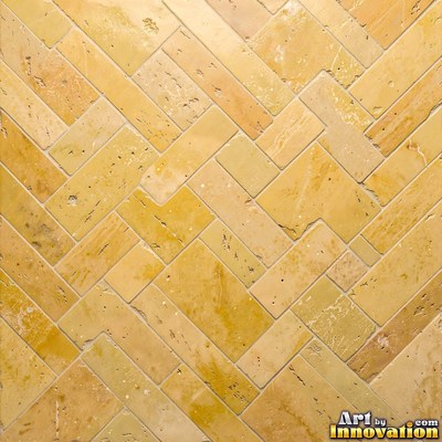 Old chipped yellow tiles with darkened grout lines filling the frame