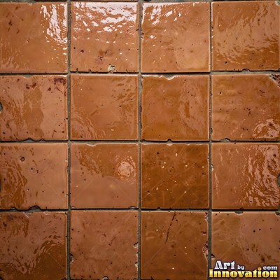 Old chipped yellow tiles with darkened grout lines filling the frame