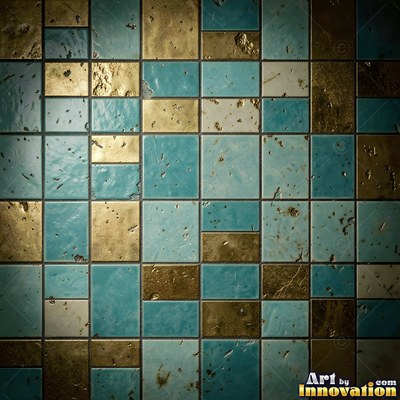 Old chipped yellow tiles with darkened grout lines filling the frame