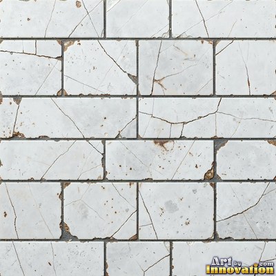 Old chipped yellow tiles with darkened grout lines filling the frame
