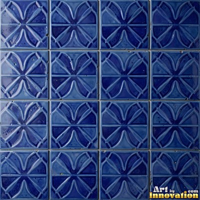 Old chipped yellow tiles with darkened grout lines filling the frame