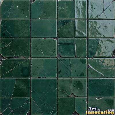 Old chipped yellow tiles with darkened grout lines filling the frame